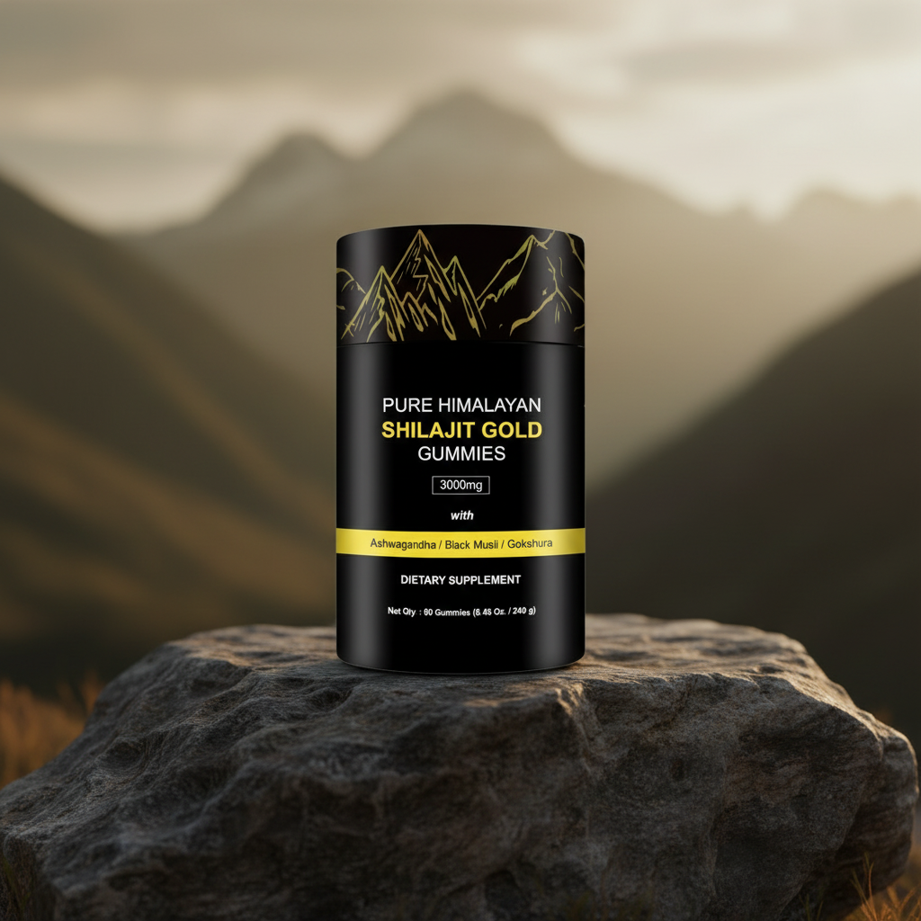 Black and yellow container of Pure Himalayan Shilajit Gold Gummies on a white background