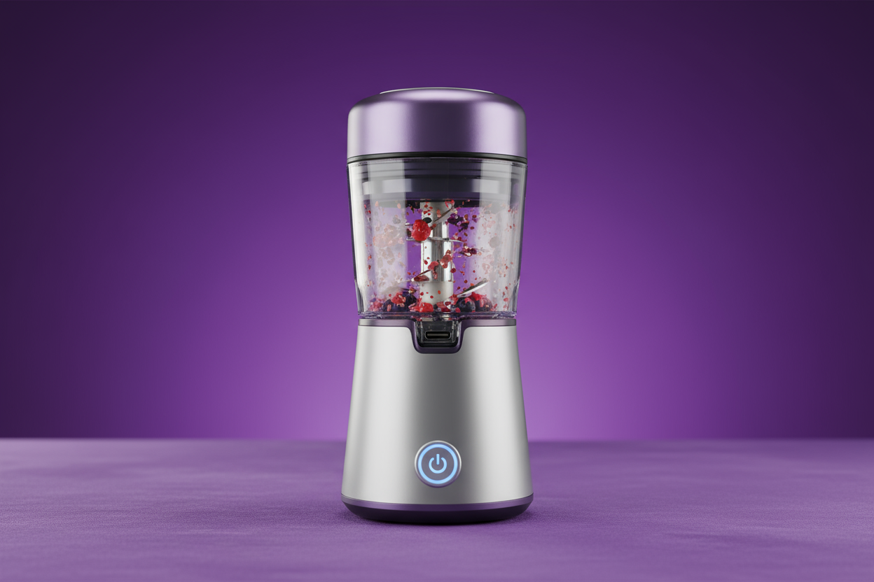 product image in purple background of Mini Electric Fruit Juicer — Portable, Rechargeable & Powerful